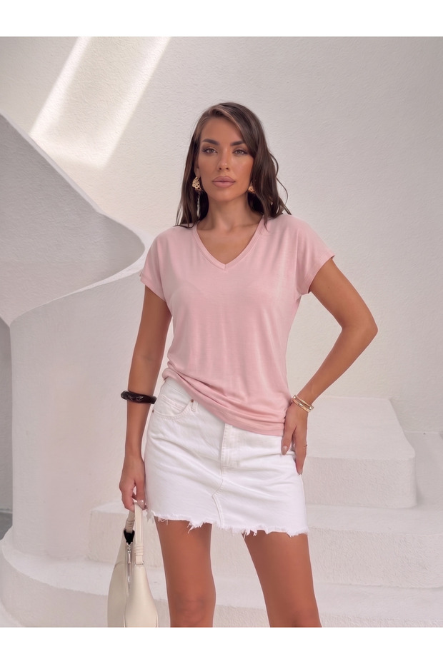 Women's Dusty Rose V-Neck Flowy Basic T-Shirt Nj142