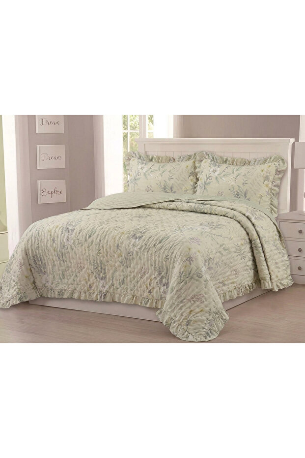Ruffle Detailed Patterned Double Bedspread Set 240X260 cm – Soft Pique Set with Muslin Texture + 2 Pillowcases