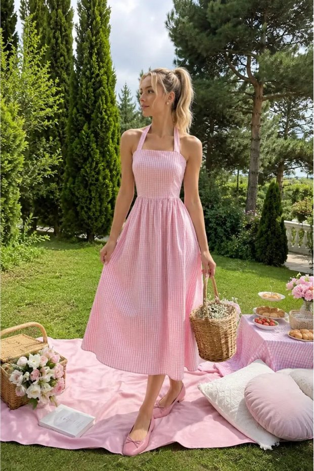 Women's Square Neck Lace-Up Gingham Midi Dress 26091