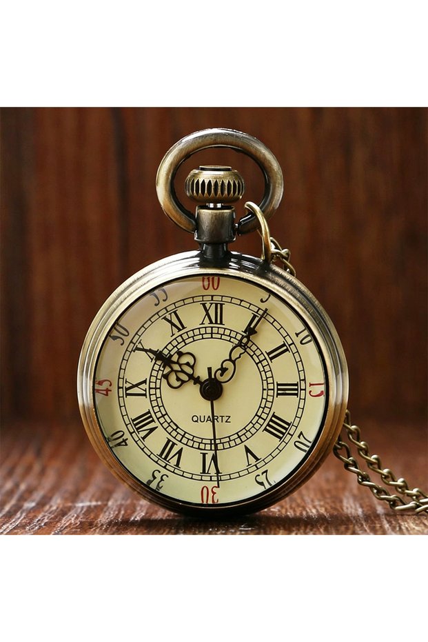 Bronze Vintage Roman Numerals Pocket Watch Quartz Movement Pendant Necklace Watch