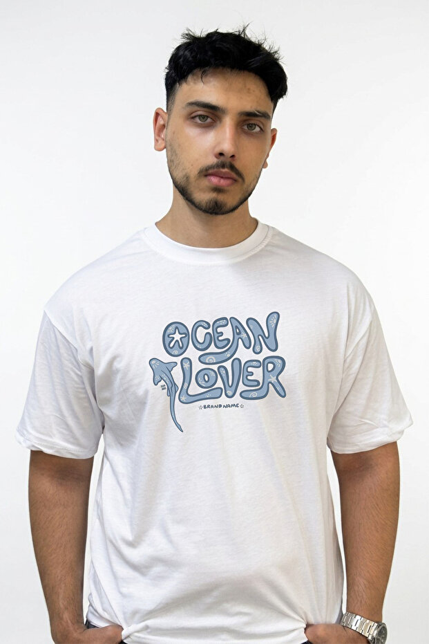 Ocean Lover Design Printed Oversize White T-Shirt