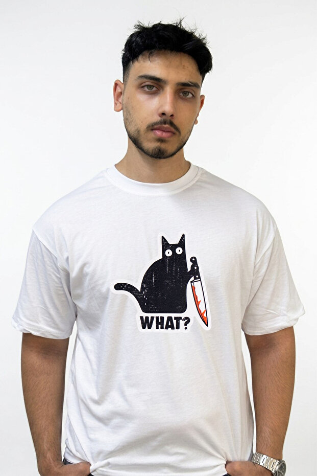 تي شيرت أبيض كبير الحجم مطبوع بتصميم What Cat Design