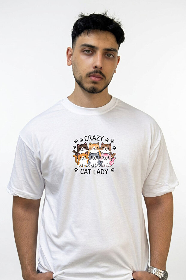 Crazy Cat Lady Design Printed Oversize White T-Shirt