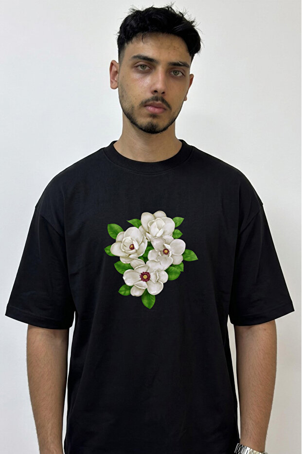 White Magnolia Design Printed Oversize Black T-Shirt