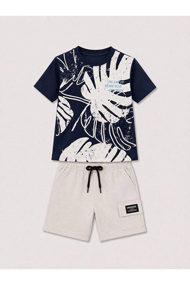 Boy's Leaf Patterned Shorts Set with Lace-Up Pockets Summer Two-Piece Set