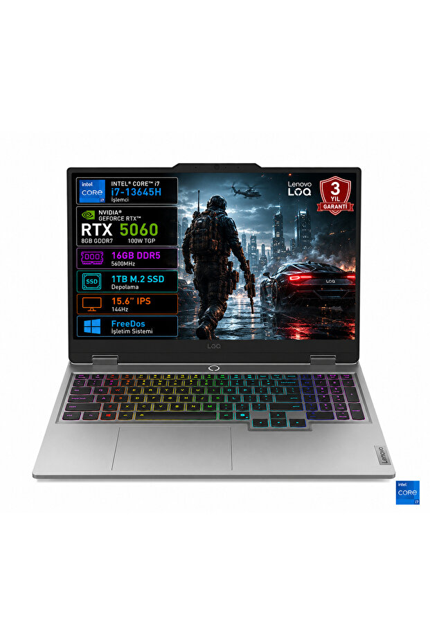 LOQ Intel Core i7-13645HX 16GB 1TB SSD 15,6 inç FHD 144Hz RTX 5060 8GB GDDR7 FreeDOS 83JE01BETR