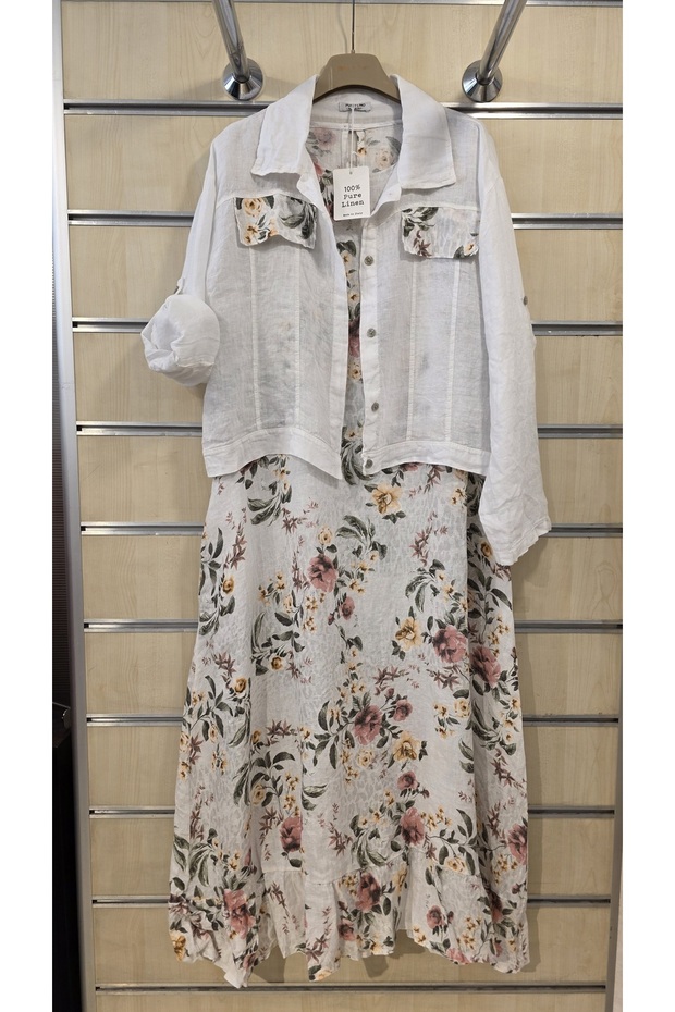 Italian Linen Dress with Jacket, Sleeveless Inside, Floral Pattern