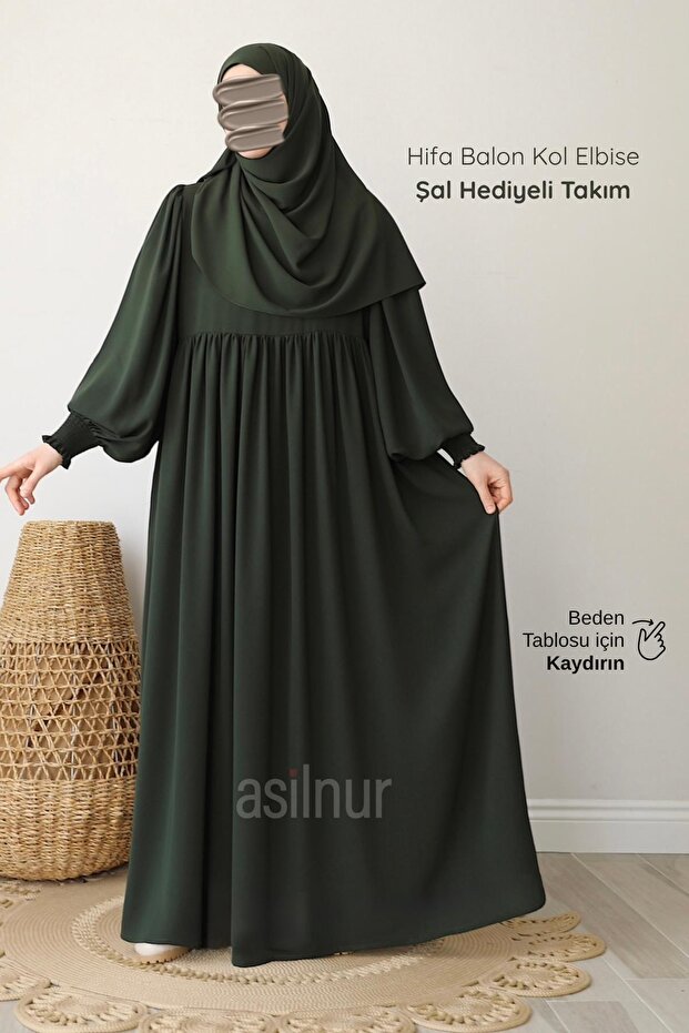 Hifa Balloon Sleeve Dress Shawl Gift Set Khaki