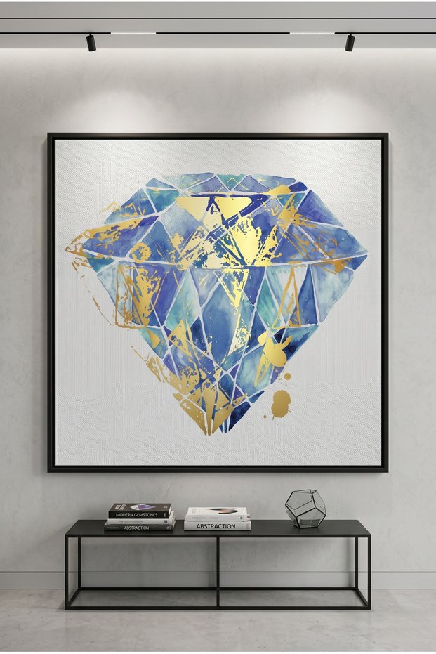 Blue Gold Abstract Diamond Islamic Wall Art | Framed Canvas Print with Gold Foil Embossed | Luxury Modern Decor for Living Room, Bedroom, Office & Gift