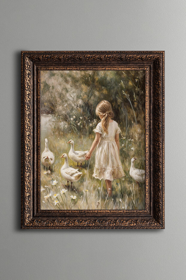 Geese and Girl - Vintage Patterned Painting - Thick Model