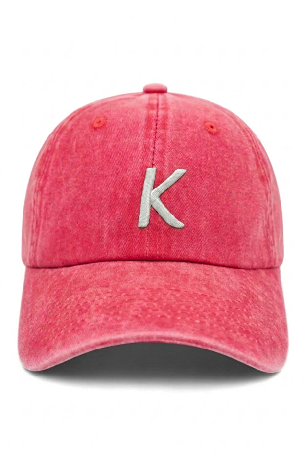 Red Embroidered Washable Vintage Unisex Hat with Letter K