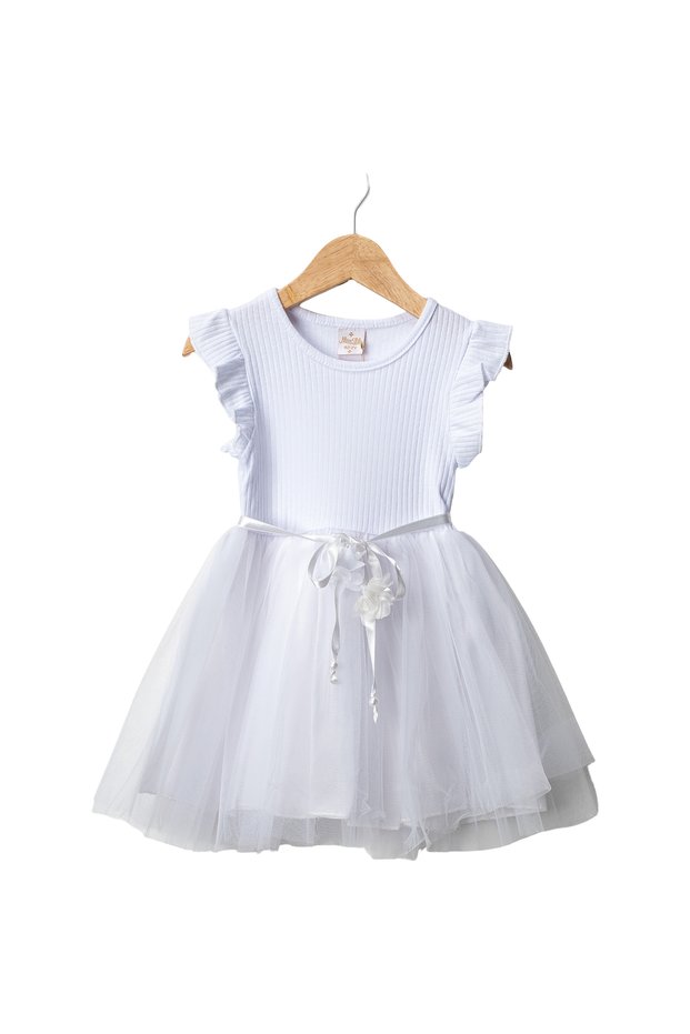 Girl's Cotton Fabric Tulle Dress with Ruffle Sleeves, Ages 2-5