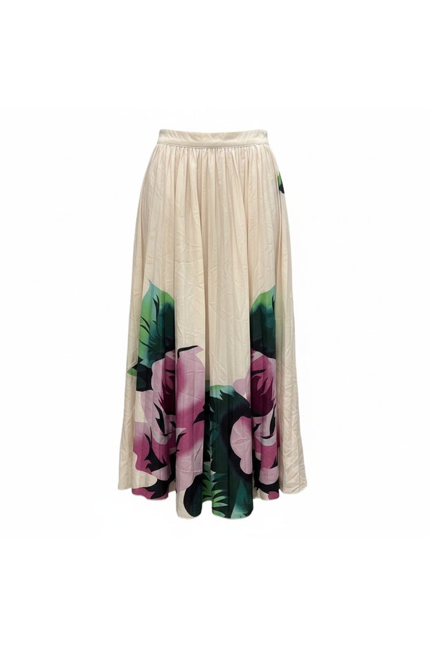 Women's Cream and Pink Floral Pleated Midi Skirt