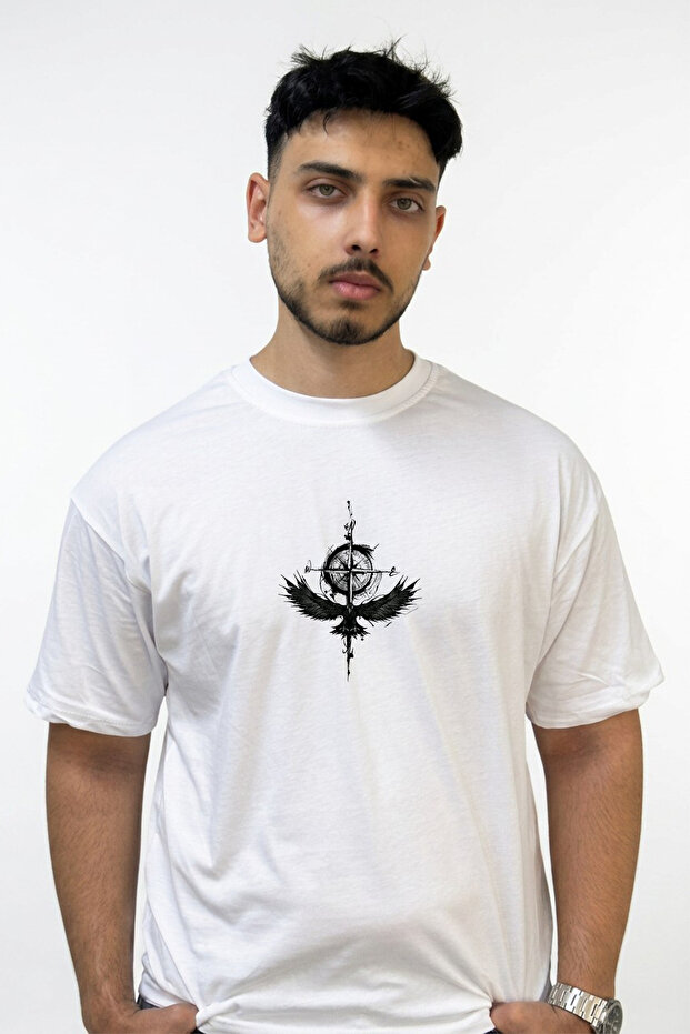 Raven Compass Design Printed Oversize White T-Shirt