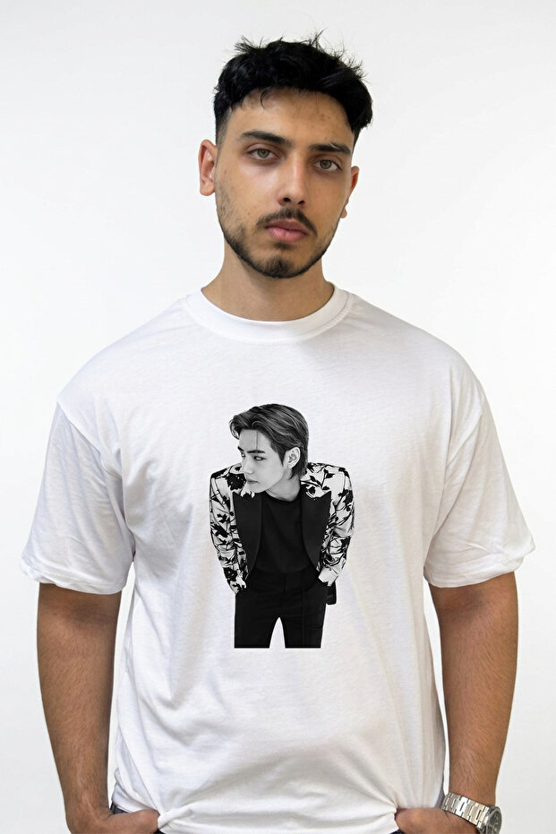 V Bts Design Printed Oversize White T-Shirt