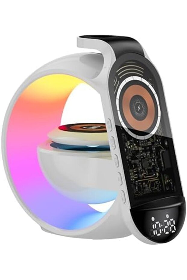 LED Colorful BT Speaker 3-in-1 Wireless Charger with Alarm Clock, RGB Music Night Light, Fast Charging Station for iPhone, Bluetooth Speaker