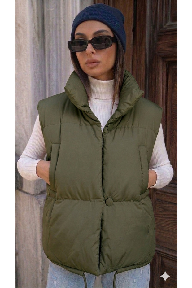 Women's Khaki Stand-Up Collar Buttoned Inflatable Vest with Drawstring at the Bottom