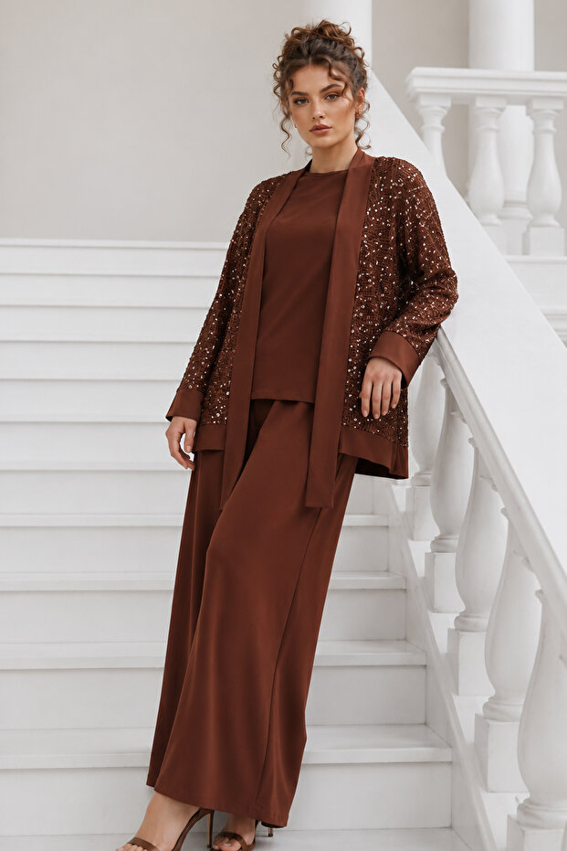Sequined Hijab Suit A9253 Taba