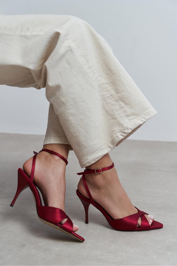 Monica Burgundy Satin Ankle Belt Detailed Women's Thin Heeled Shoes