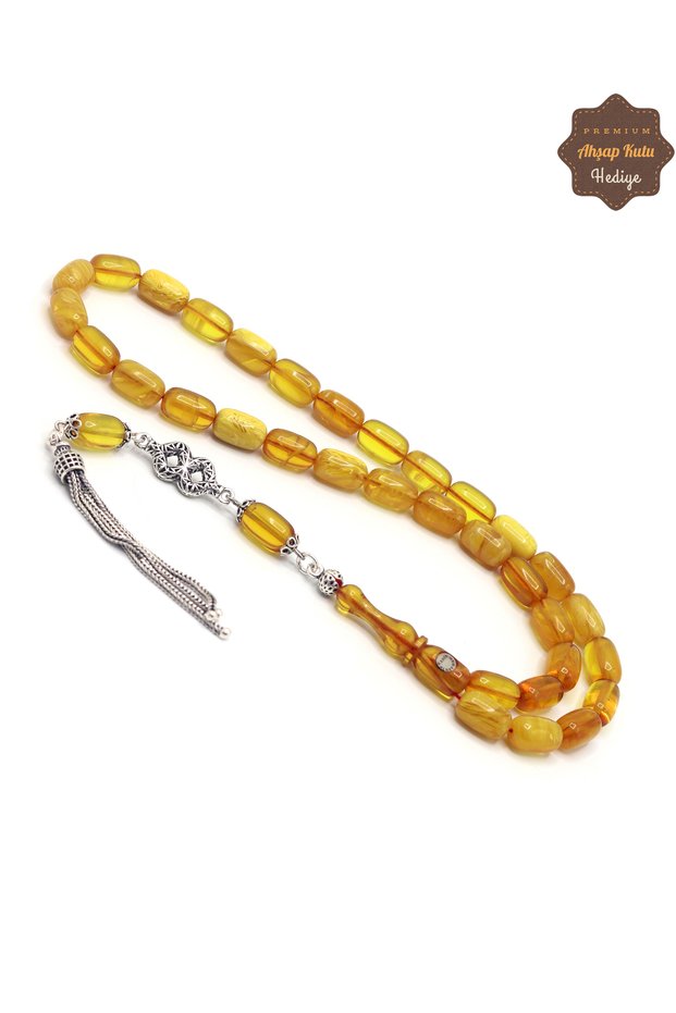 Yellow Moire Silver Tasseled Capsule Cut Crimped Amber Prayer Beads 201025683