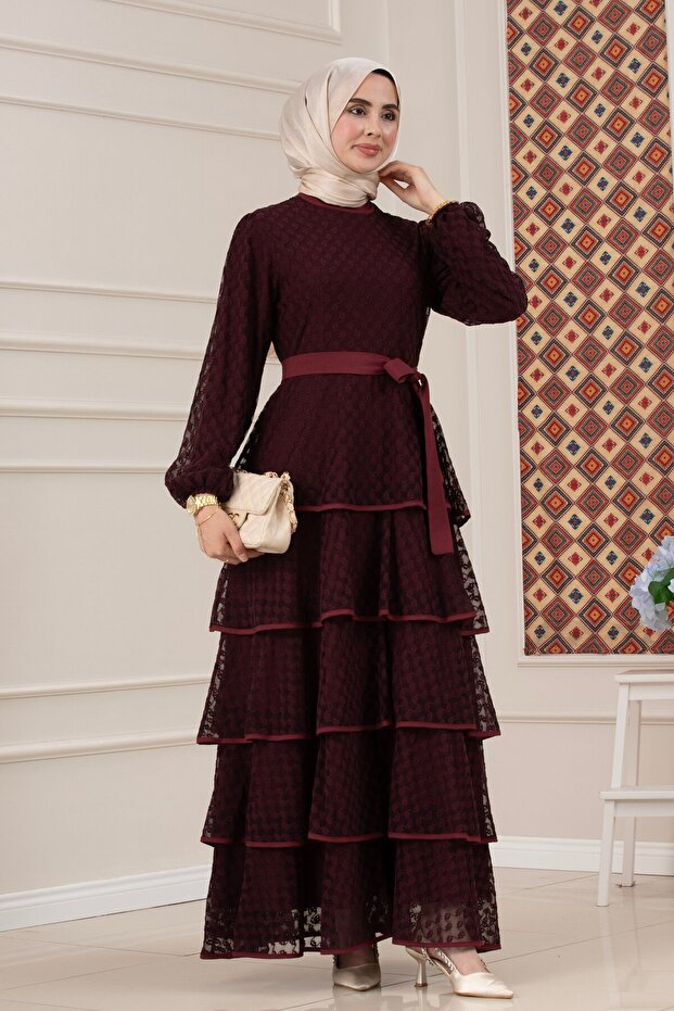 Layered Lace Elisa Hijab Dress-Mürdüm