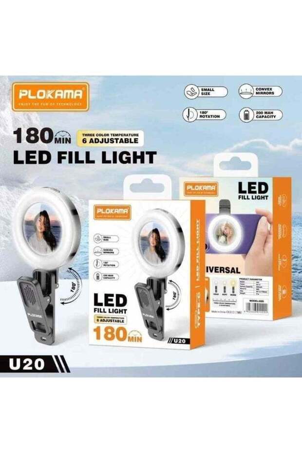 U20 LED Ring Flash Selfie Mirror Clip | Portable Rechargeable Clip-On Light with Built-In Mirror