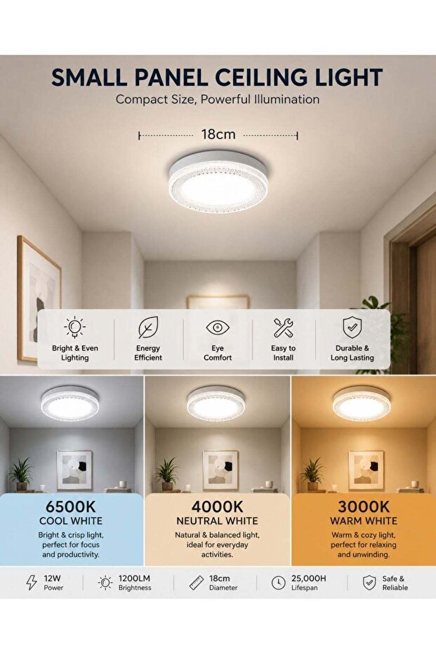 Bright 24W, 18cm LED Ceiling Light with E27 Connector, 3-Color Changing Round Lamp, Flicker-Free