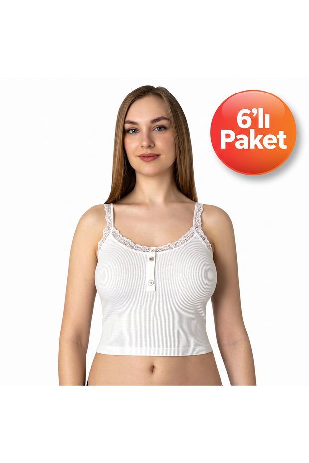 Women's Ribbed Lace Detailed Camisole Bustier Undershirt - Pack of 6 Button Detailed Ribbed Crop Top