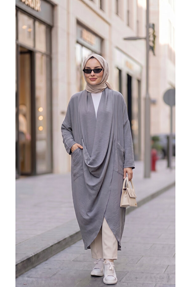 Asymmetrical Design Cross Tunic Linen Aerobin Fabric-Grey