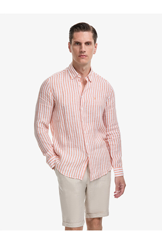 Orange Slim Fit 100% Linen Collared Buttoned Striped Shirt 50326114-Vr051