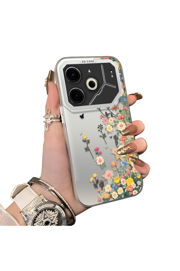 Tecno Pova 6 Compatible Silicone Edge Hard Back Case Couple Phone Case with Floral Pattern