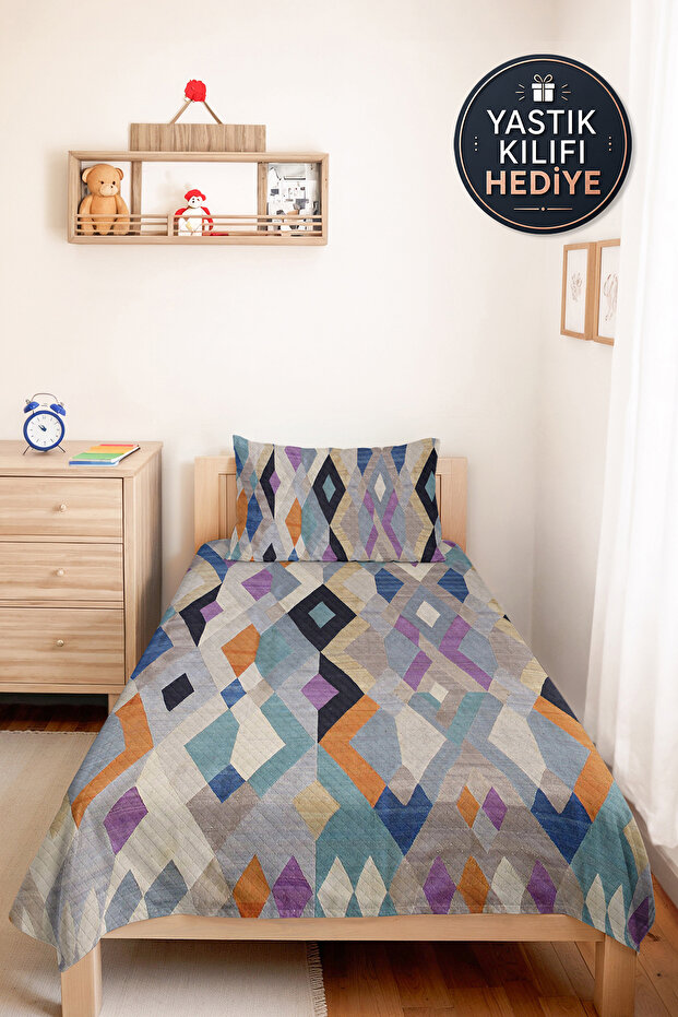 Geometric Blue Young Room Single Pique Set-Modern Gray Orange 160X220Cm Quilted Bedspread