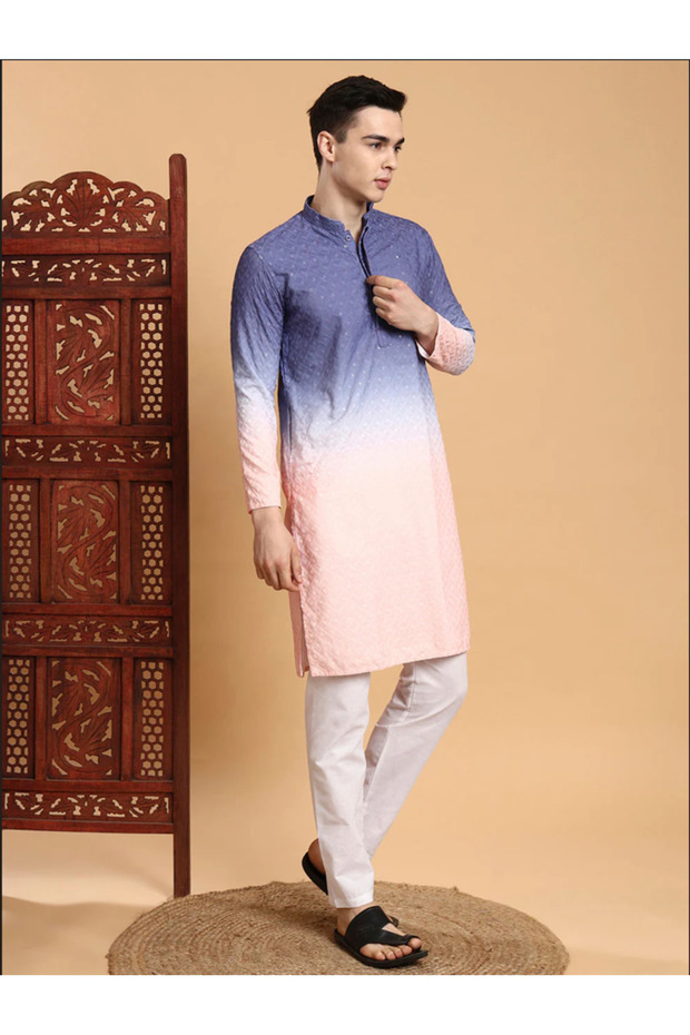 Mens Ombre Thread Work Cotton Kurta Set