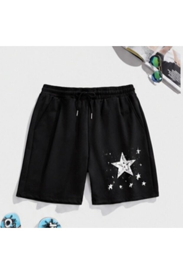 Hanangiyim Black Shorts Printed Comfortable Fit Elastic Waist Daily Sports Summer