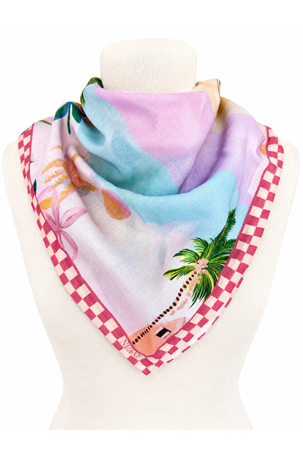 Pink Color Checkered Patterned Cotton Voile Bandana Multi-Purpose Square Scarf 70*70 cm