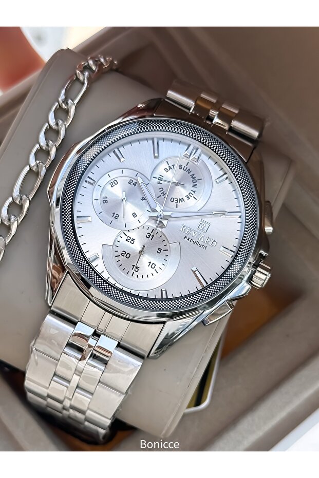 Functions Active, in Stylish Box, Silver Steel Band, White Dial, Men's Wristwatch with Calendar + Chain Bracelet