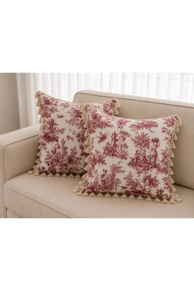 Burgundy Duck Fabric French Peasants Patterned Decorative Throw Pillow Cover with Tassels - Dowry Set of 2