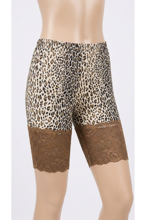 Women's Leopard Patterned Lace Cuffed Underwear Shorts - Short Leggings for Abaya and under Dress - 3631