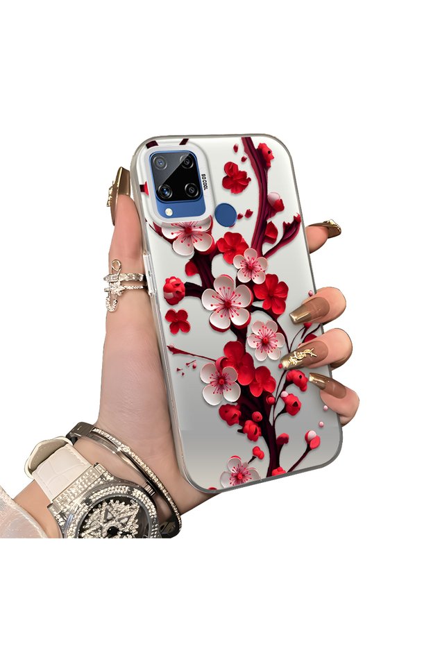 Realme C15 Compatible Silicone Edge Hard Back Case Couple Phone Case with Floral Pattern