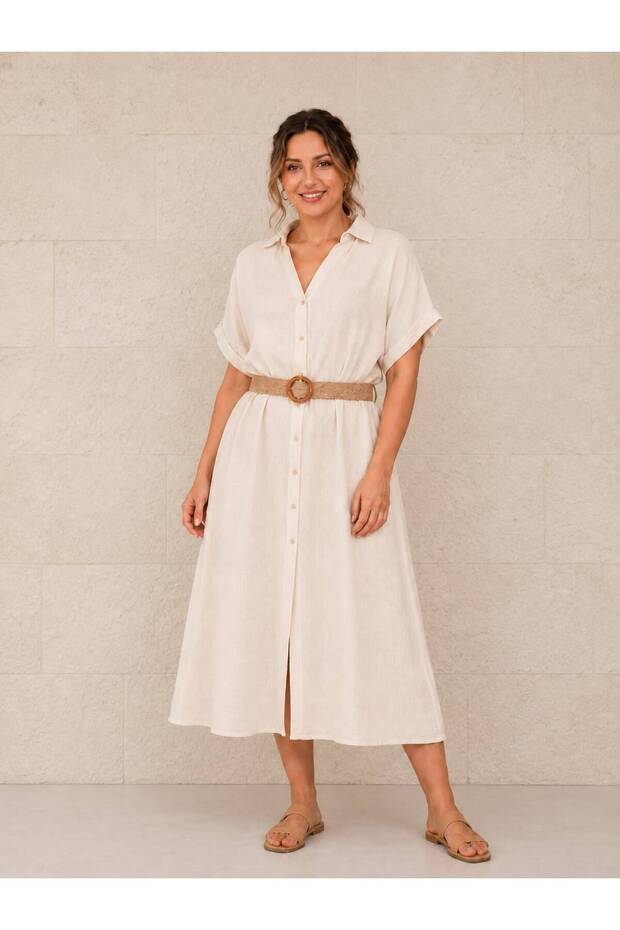 Women's Straw Belted Full Buttoned Cotton Fabric Dress 42-46