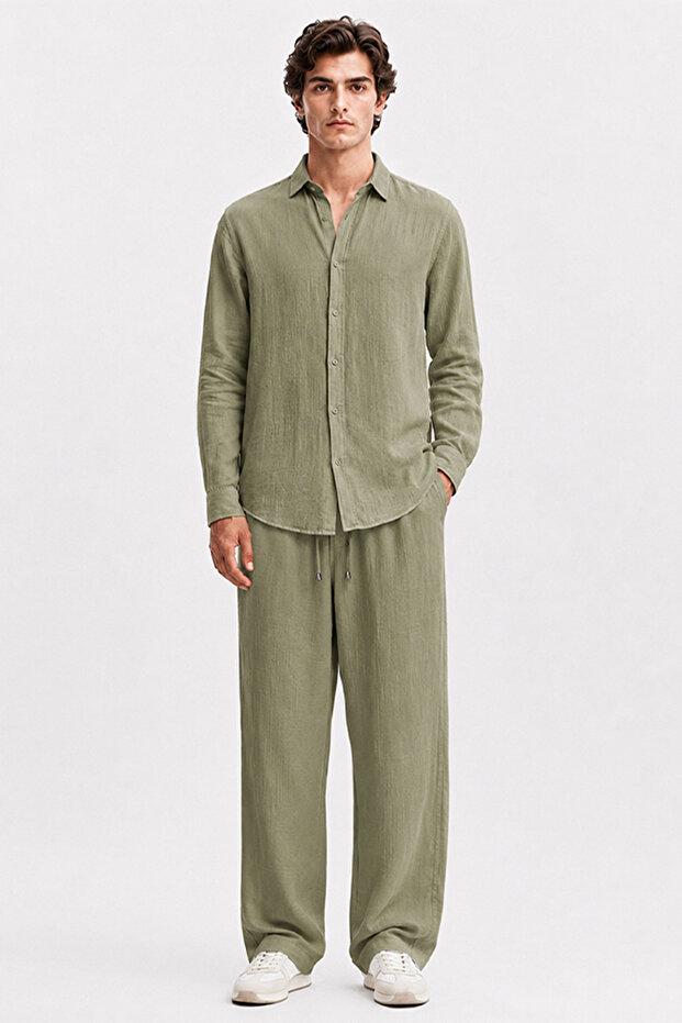Khaki Regular Fit Muslin Trousers