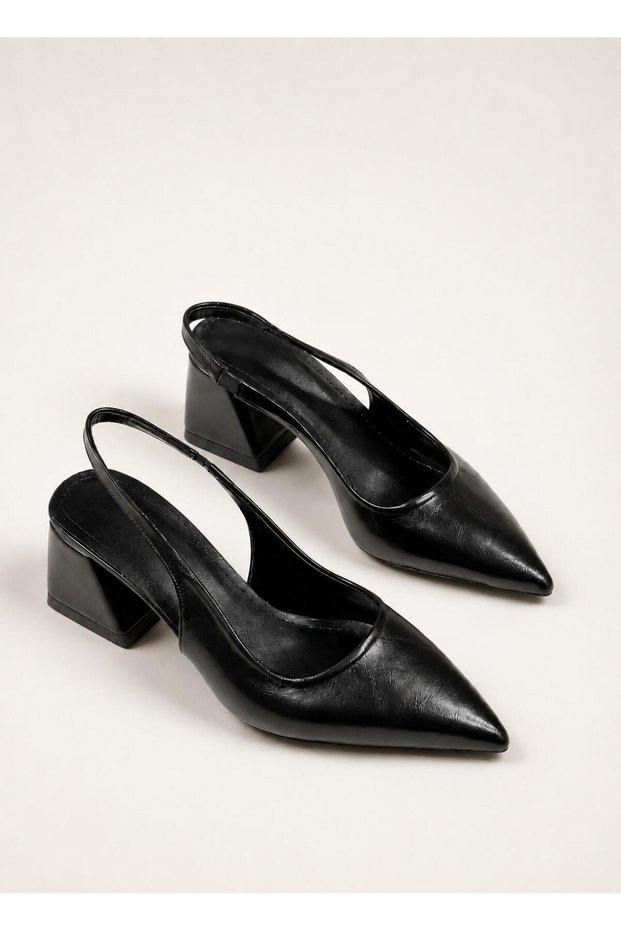 Women's Black Pointed Toe Slingback Short Heeled Shoes Thick Heel Comfortable Daily Stylish Office Classic Evening Dress Stiletto