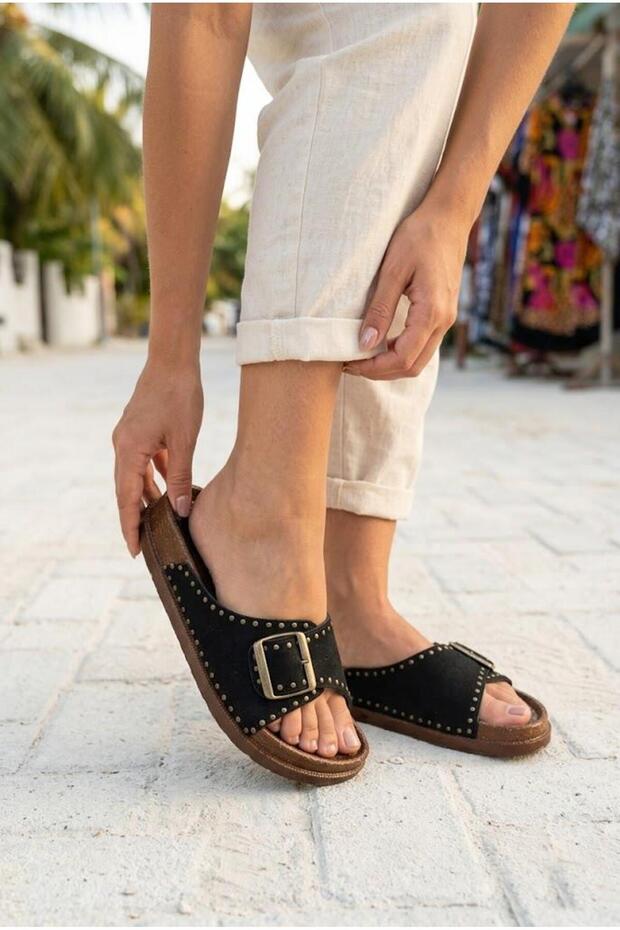 9691 Anatomical Comfortable Flexible Trok Patterned Women's Slippers with Buckle Detail