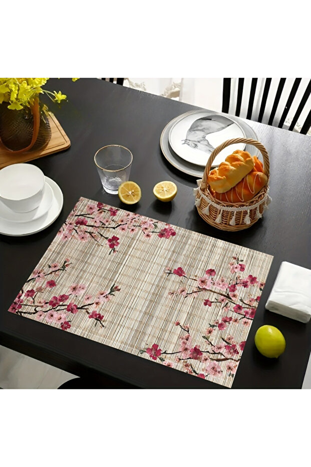 1pcs 1pcs Japanese-Inspired Sakura Blossoms & Bamboo Placemats | Square Linen Table Mats with Muted
