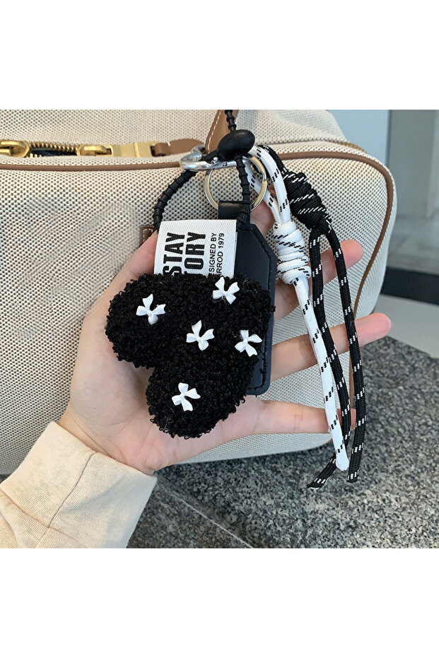 black Fashion Love Plush Keychain Heart Shaped Lamb Wool Braided Rope Chain Retro Plush Handmade Pen
