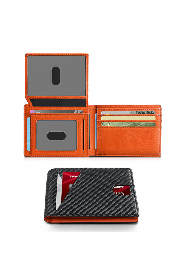 QB391-Carbonorange RFID Carbon Fiber Ultra-thin Trifold Wallet Simple Front Pocket Design Wallet Mul
