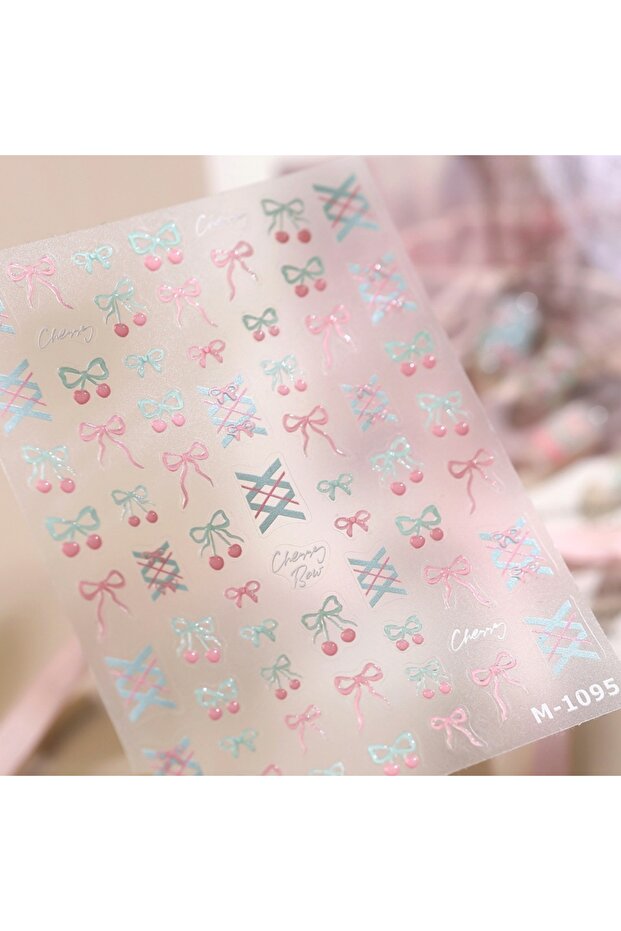 NAILFYOU M1095 Sweet Cool Style Cherry Nail Stickers 5D Pink Blue Plaid Bow Ribbon Self Adhesive for