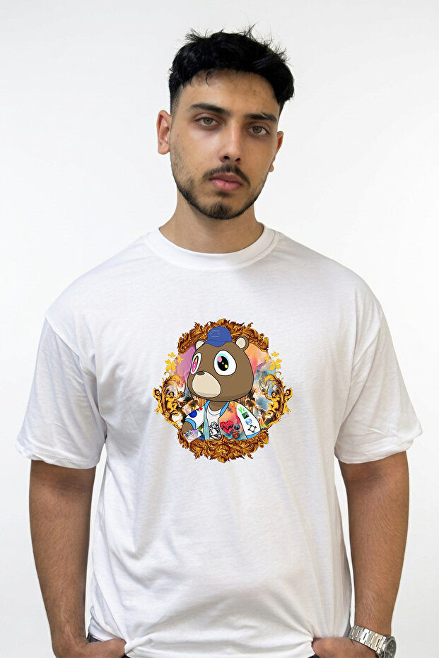 تي شيرت أبيض كبير الحجم مطبوع بتصميم Kanye Bear_1