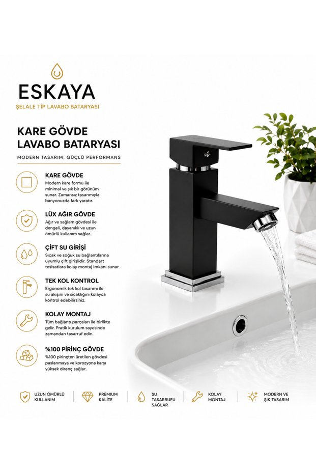 Black Square Sink Faucet - 100% Brass Square Type Body - Dual Water Inlet - On-Off Brass Heavy Body Modern Luxury Fixed Sink Faucet
