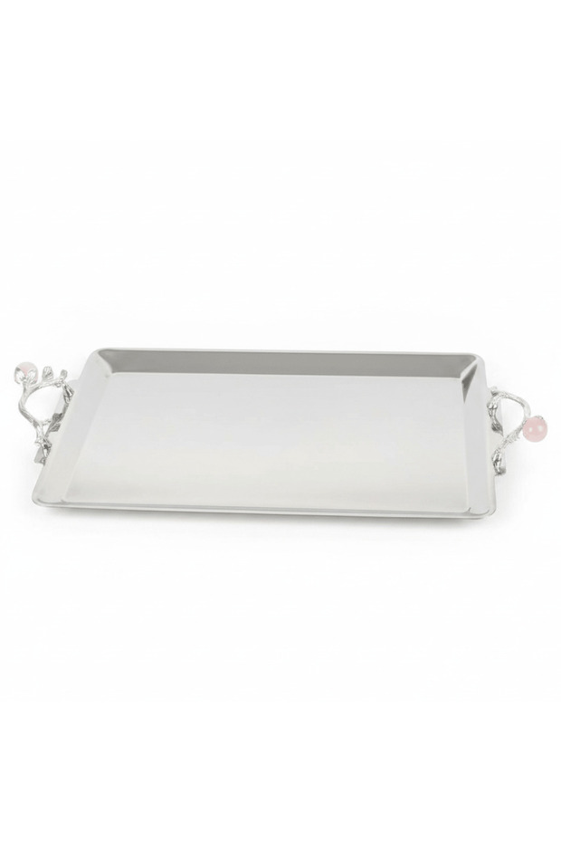 Silver Stainless Steel Rectangle Cake Tray with Ornate Handles — 40×25 cm